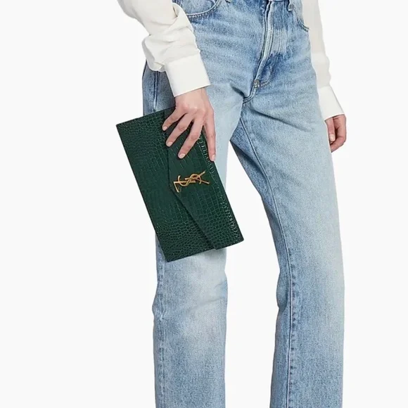 SAINT LAURENT YSL Dark Mint Green Uptown Croc Print Med Envelope Pouch Clutch - Picture 12 of 12
